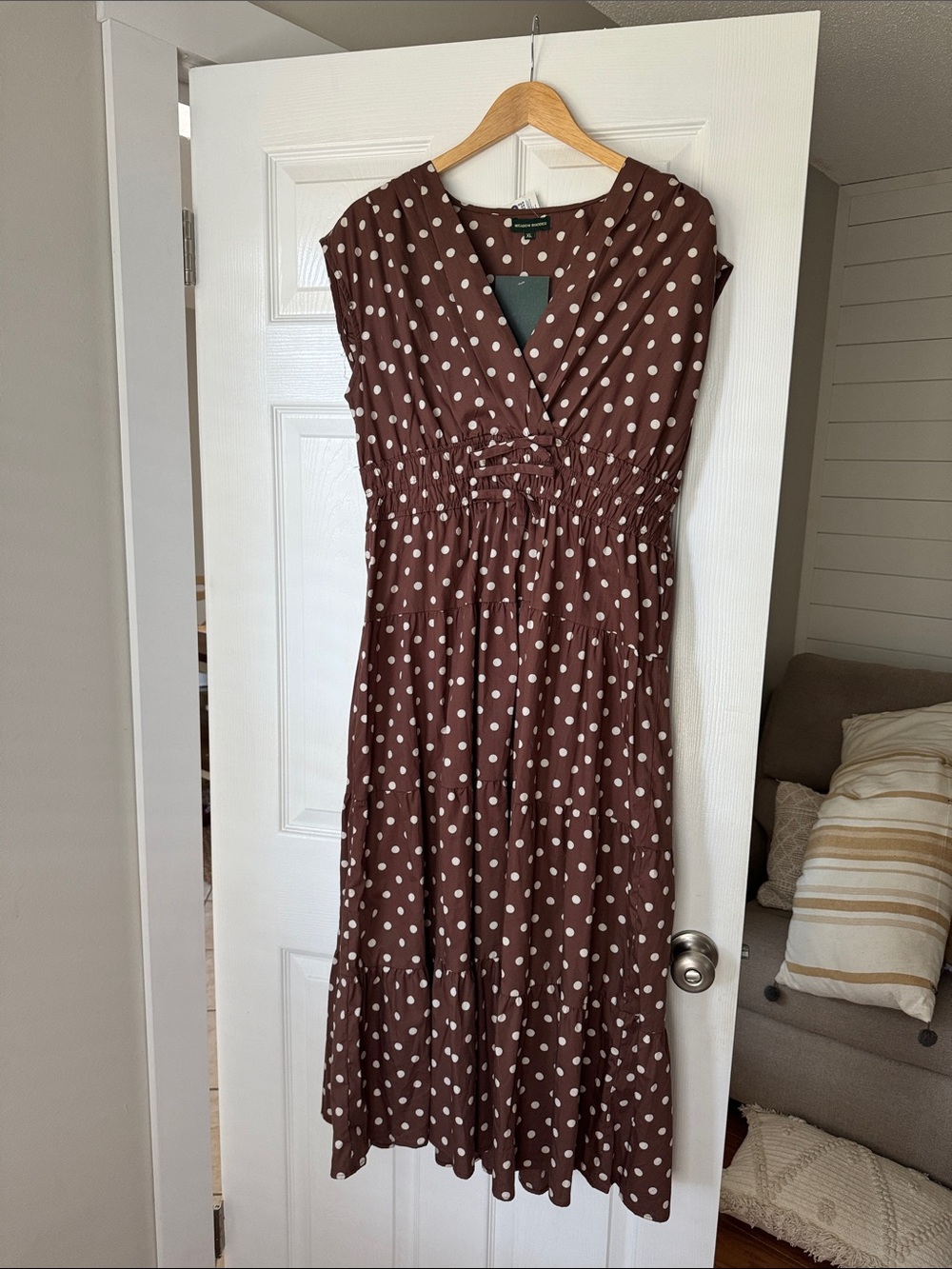 Anthropologie Brand Meadow Rhodes Brown Polka Dot Maxi Dress with V-Neck - Picture 3 of 6